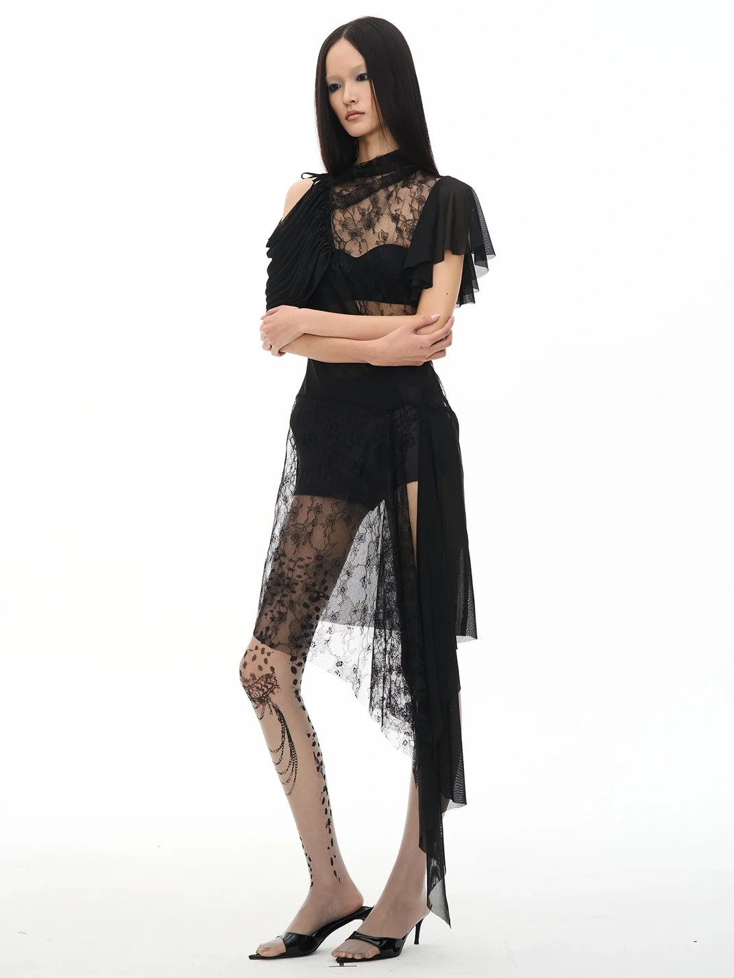 Popoop | Asymmetric Lace Mesh Ruched Dress