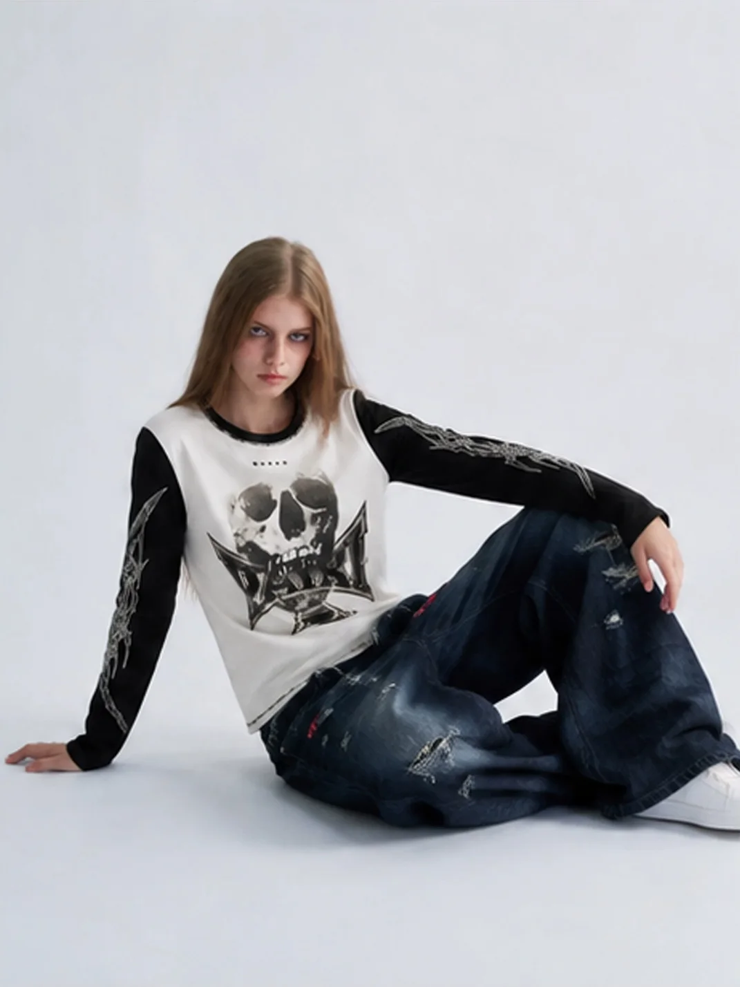PAIKI | Skull Cross Colorblock Long Sleeve T-Shirt
