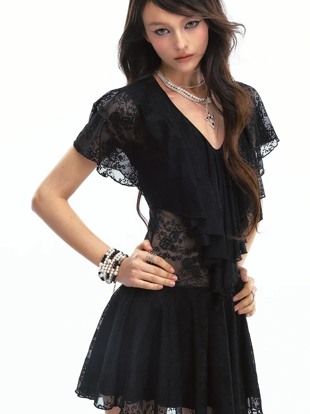 SereneEase | Sheer Lace Deep V-Neck Fitted Mini Dress
