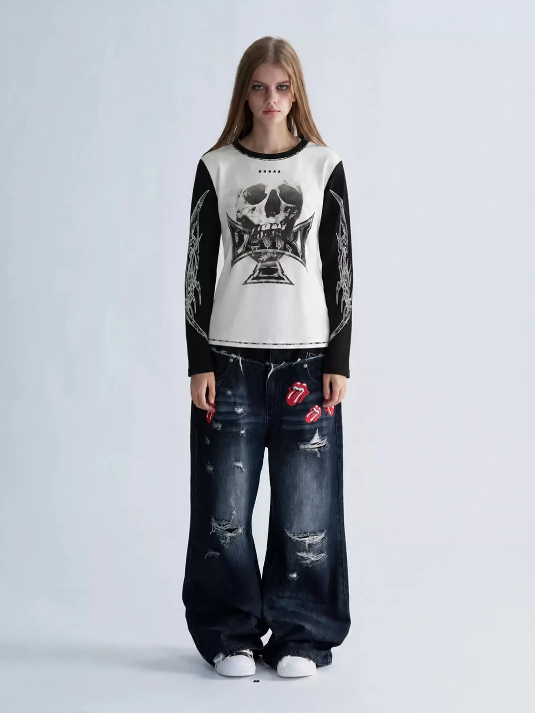 PAIKI | Skull Cross Colorblock Long Sleeve T-Shirt