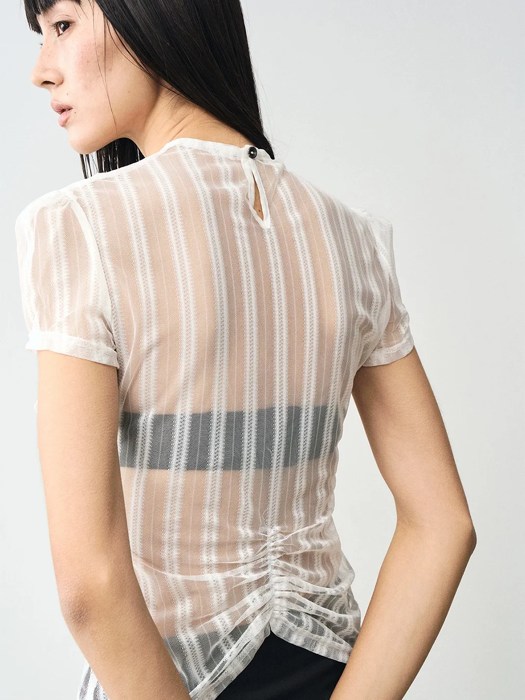 Popoop | White Lace Mesh Fitted Short-Sleeve Top