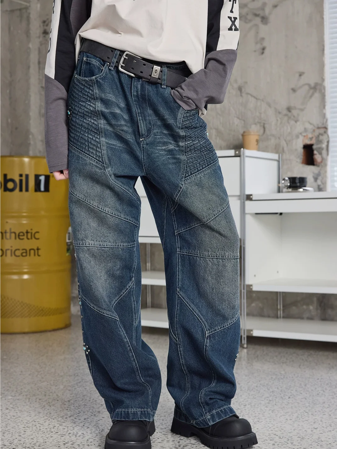 ERROR CODE robot | Turquoise Studded Loose Straight Leg Jeans