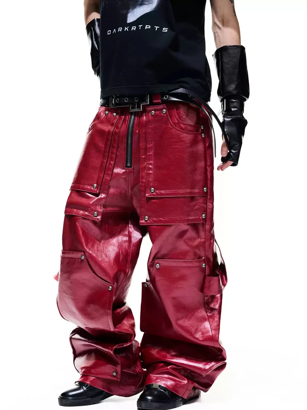 DARKRTPTS | Liquid Metal Coated Studded Wide-Leg Cargo Pants