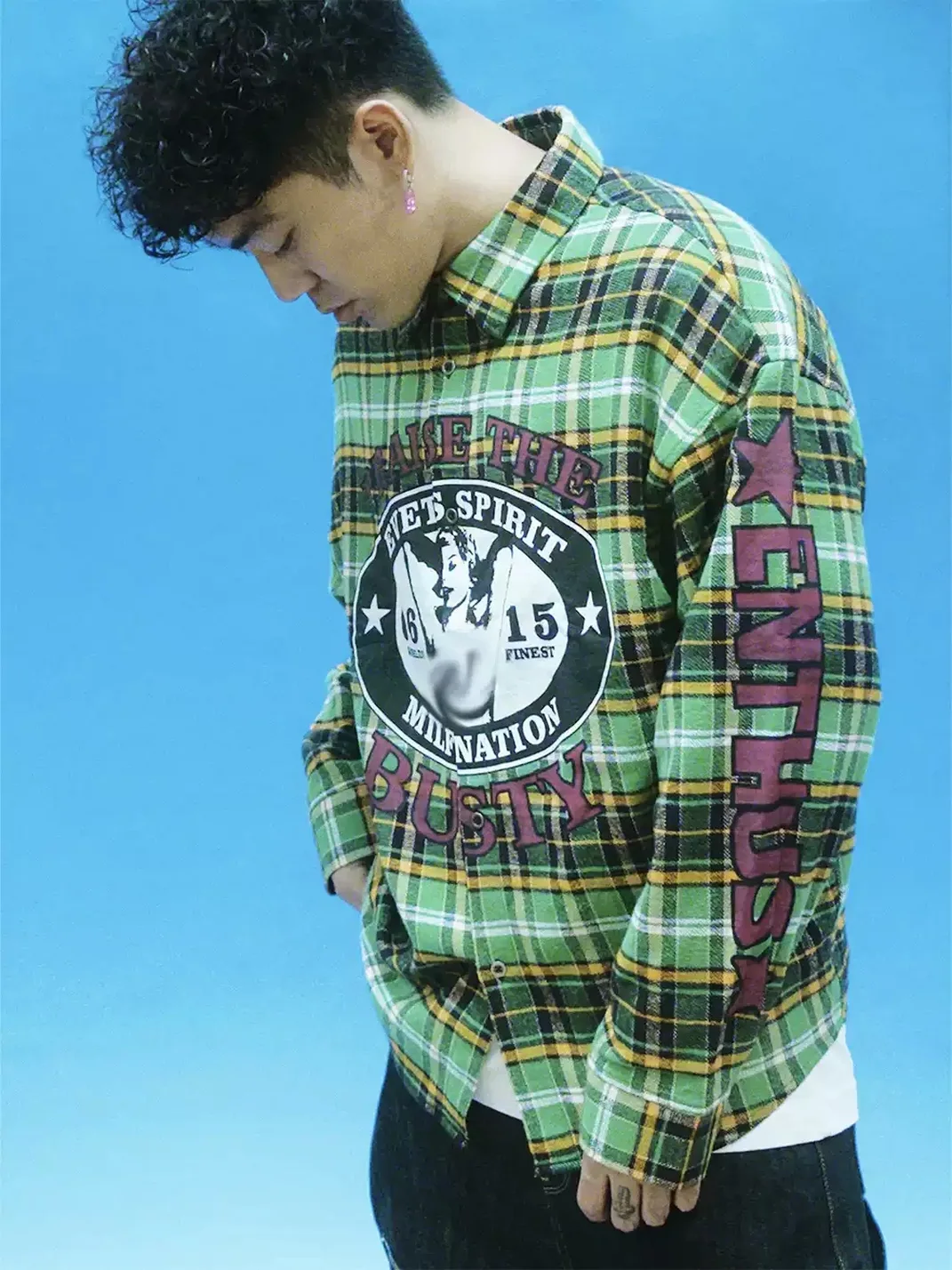 EVETS | Contrast Print Plaid Long Sleeve Shirt
