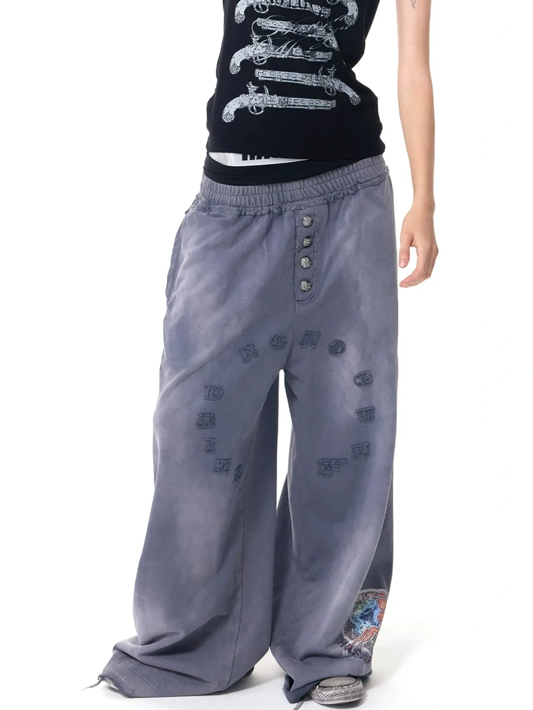 HAS2SONS | Washed Patch Embroidered Wide-Leg Sweatpants
