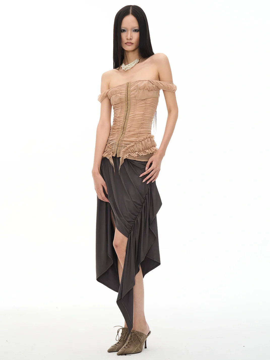 Popoop | Khaki Sheer Ruched One-Shoulder Tank Top