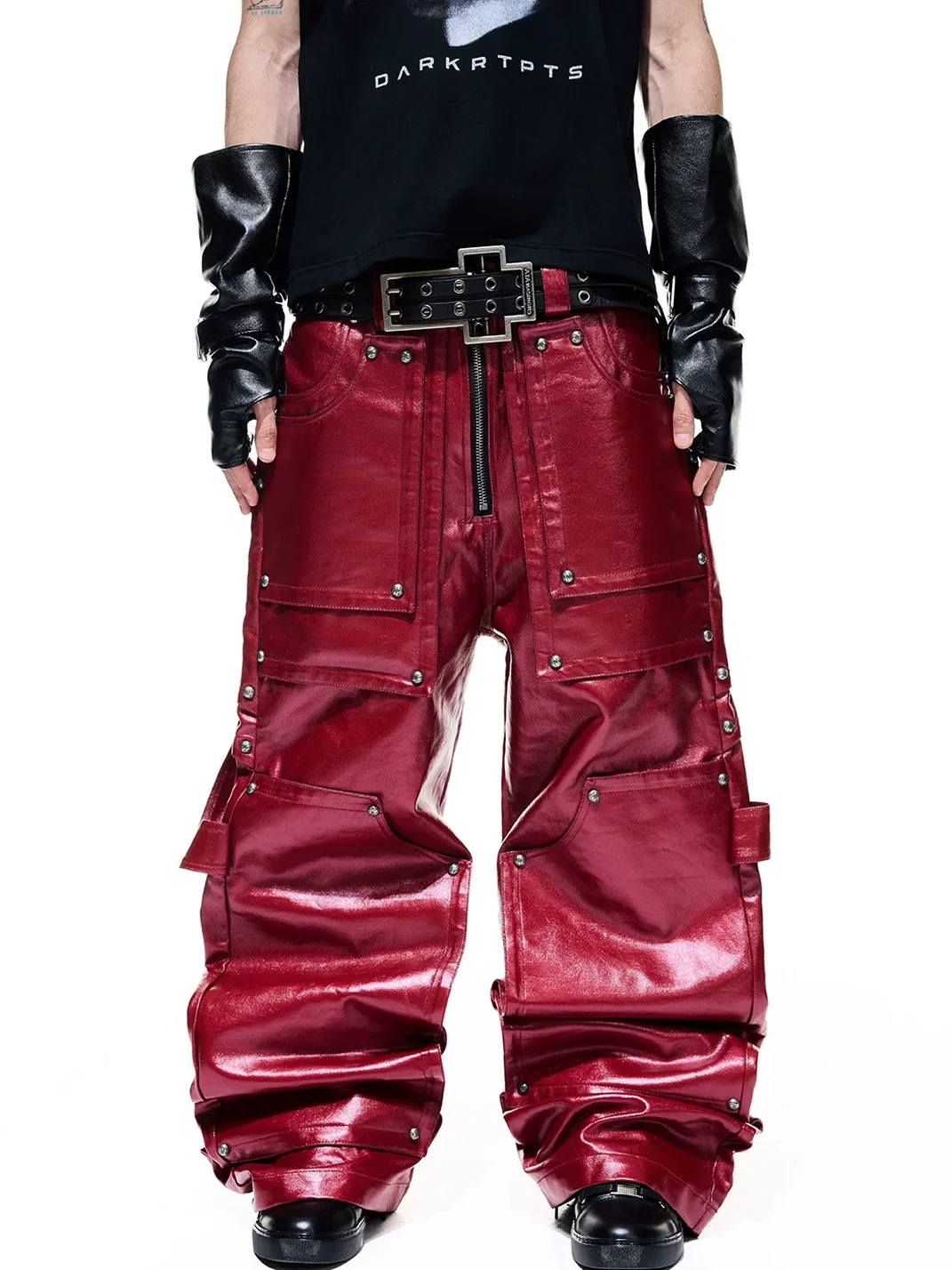 DARKRTPTS | Liquid Metal Coated Studded Wide-Leg Cargo Pants