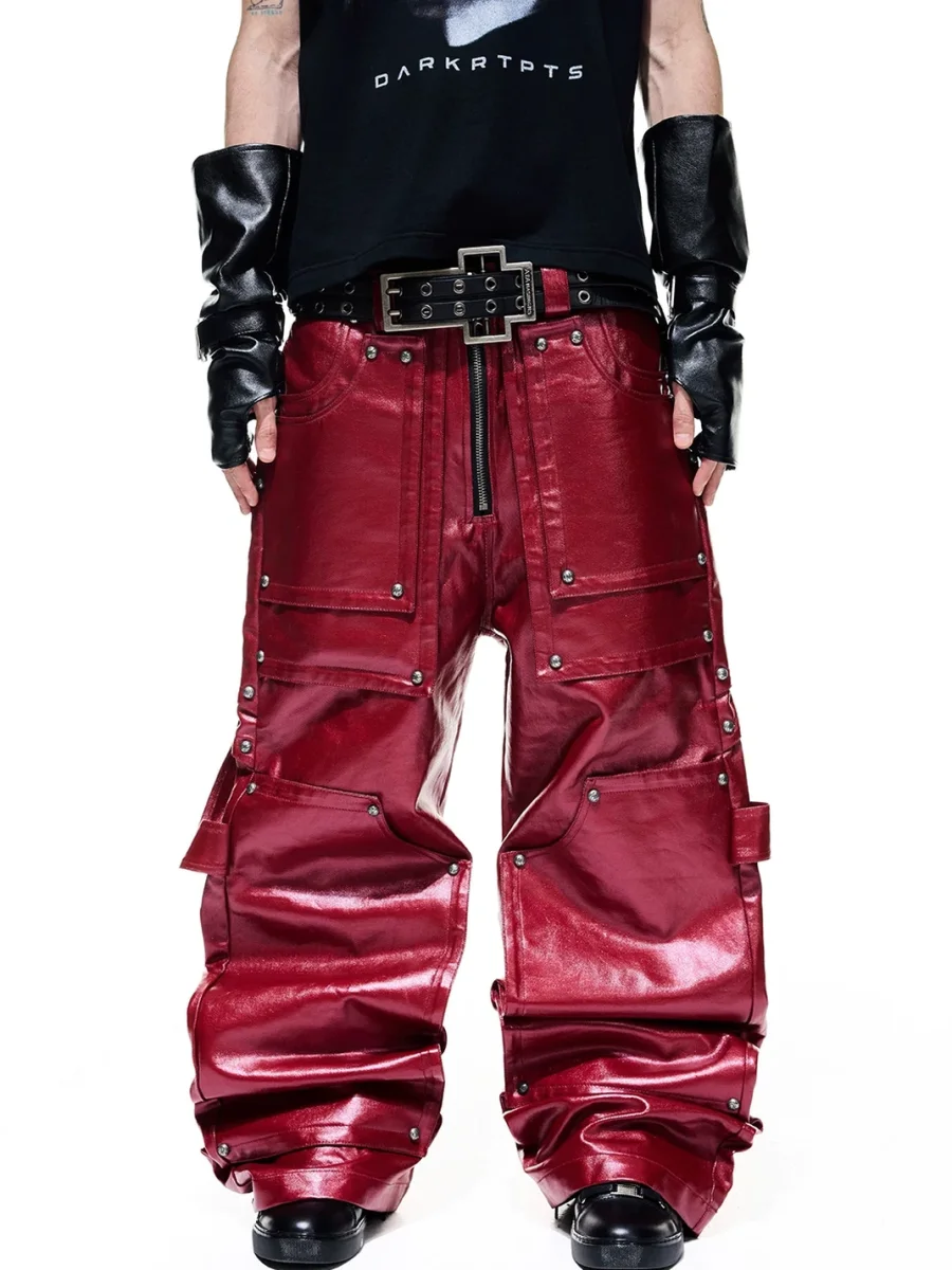 DARKRTPTS | Liquid Metal Coated Studded Wide-Leg Cargo Pants - 4
