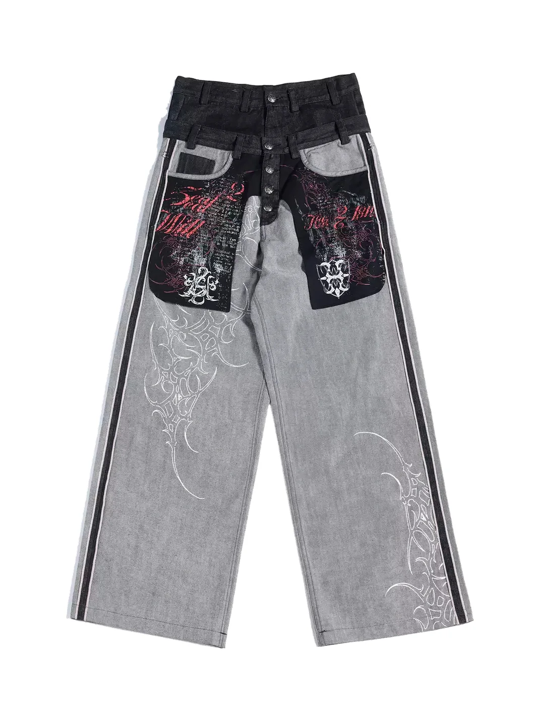 HAS2SONS | Double Waist Wide Leg Printed Selvedge Jeans