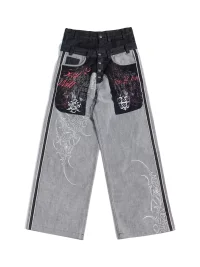 HAS2SONS | Double Waist Wide Leg Printed Selvedge Jeans