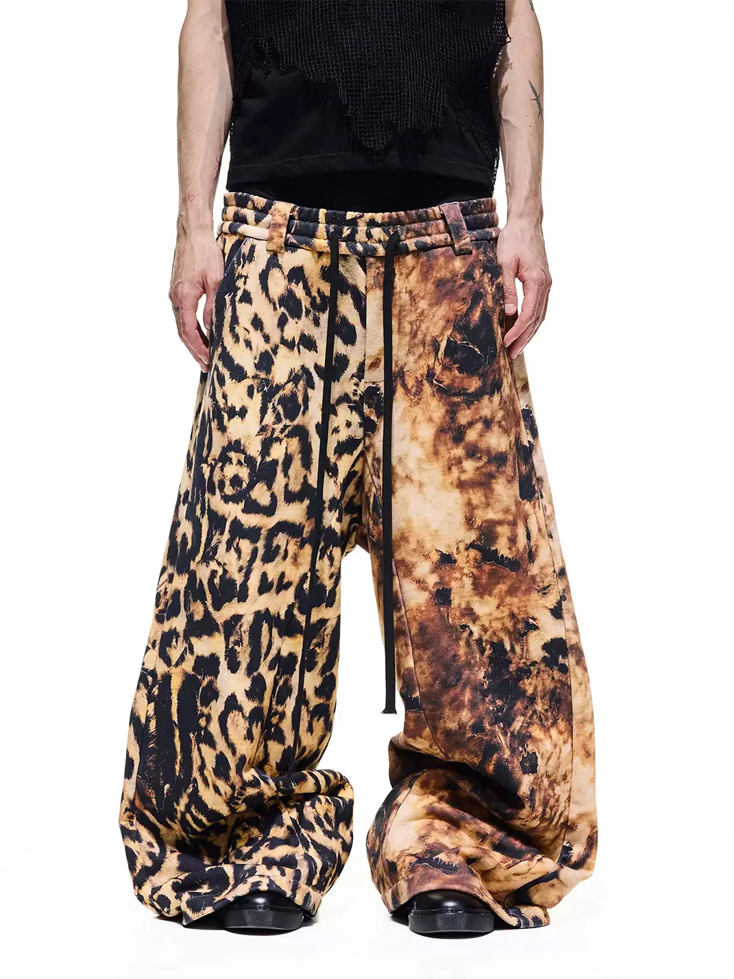 DARKRTPTS | Distressed Leopard Print Drawstring Wide Leg Sweatpants