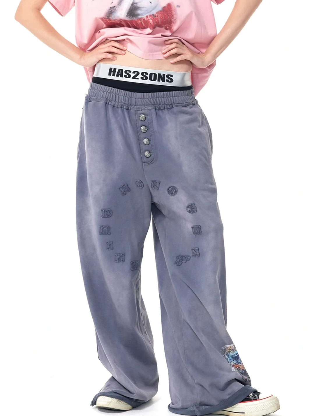 HAS2SONS | Washed Patch Embroidered Wide-Leg Sweatpants