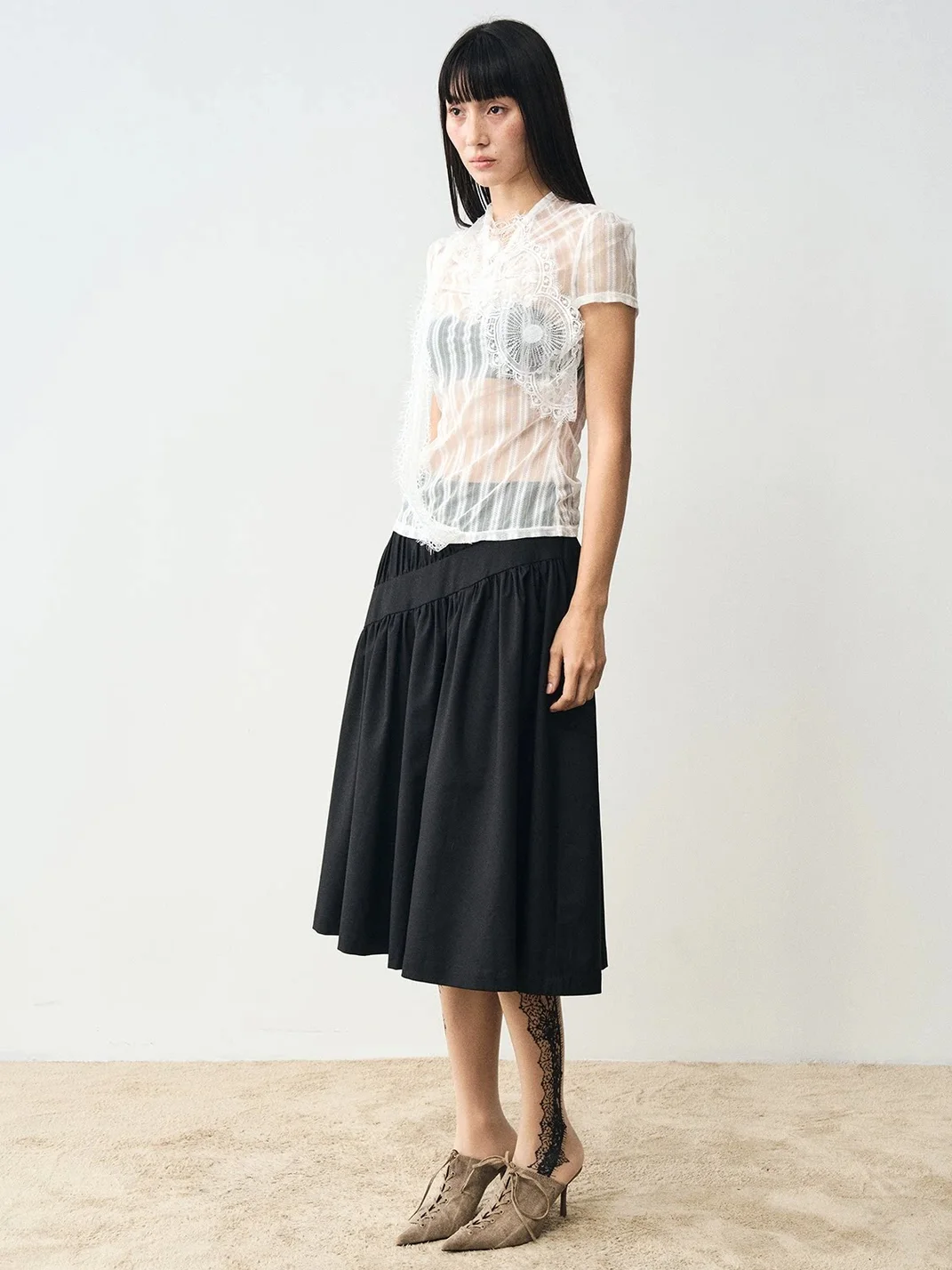 Popoop | White Lace Mesh Fitted Short-Sleeve Top