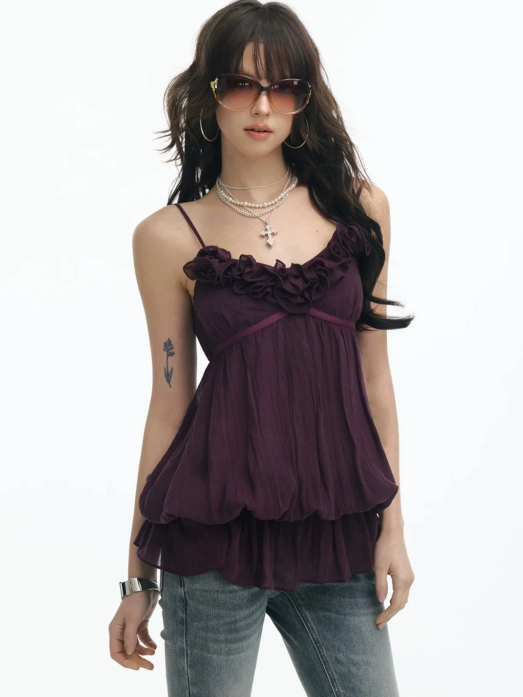 SereneEase | Vintage Rose Ruffle Camisole Tank Top