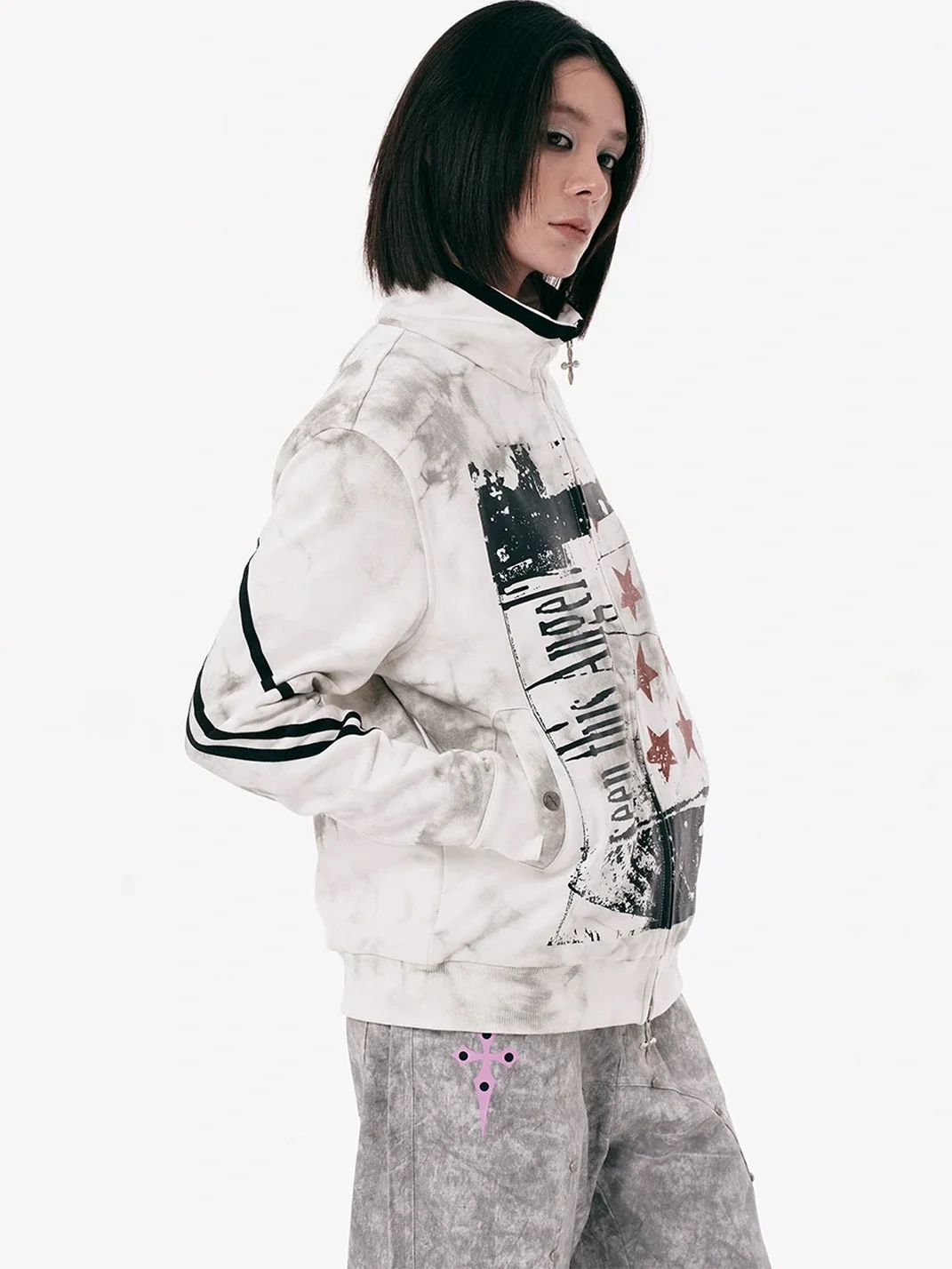 PasET | Distressed Stand Collar Cropped Sports Jacket
