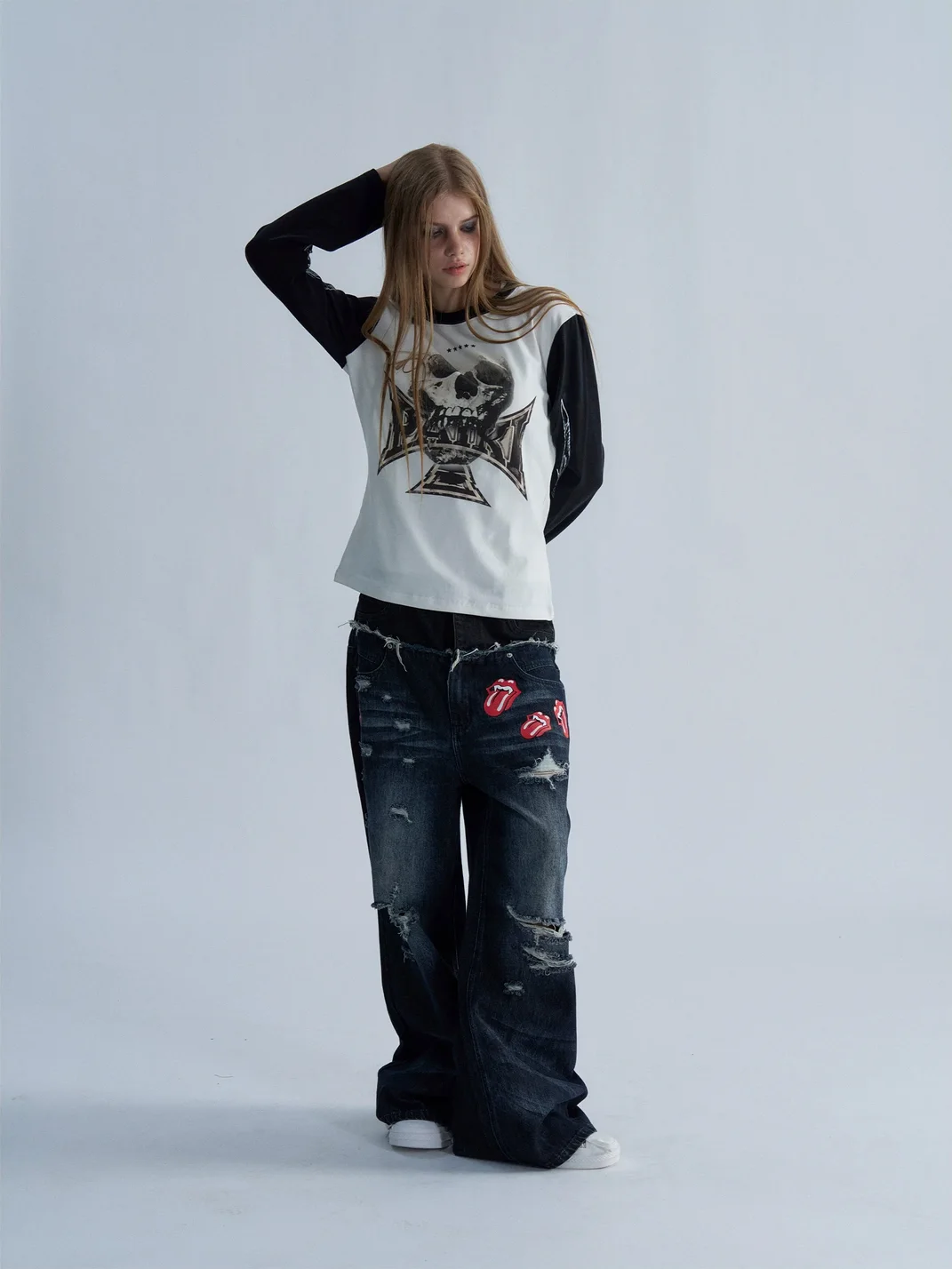 PAIKI | Skull Cross Colorblock Long Sleeve T-Shirt