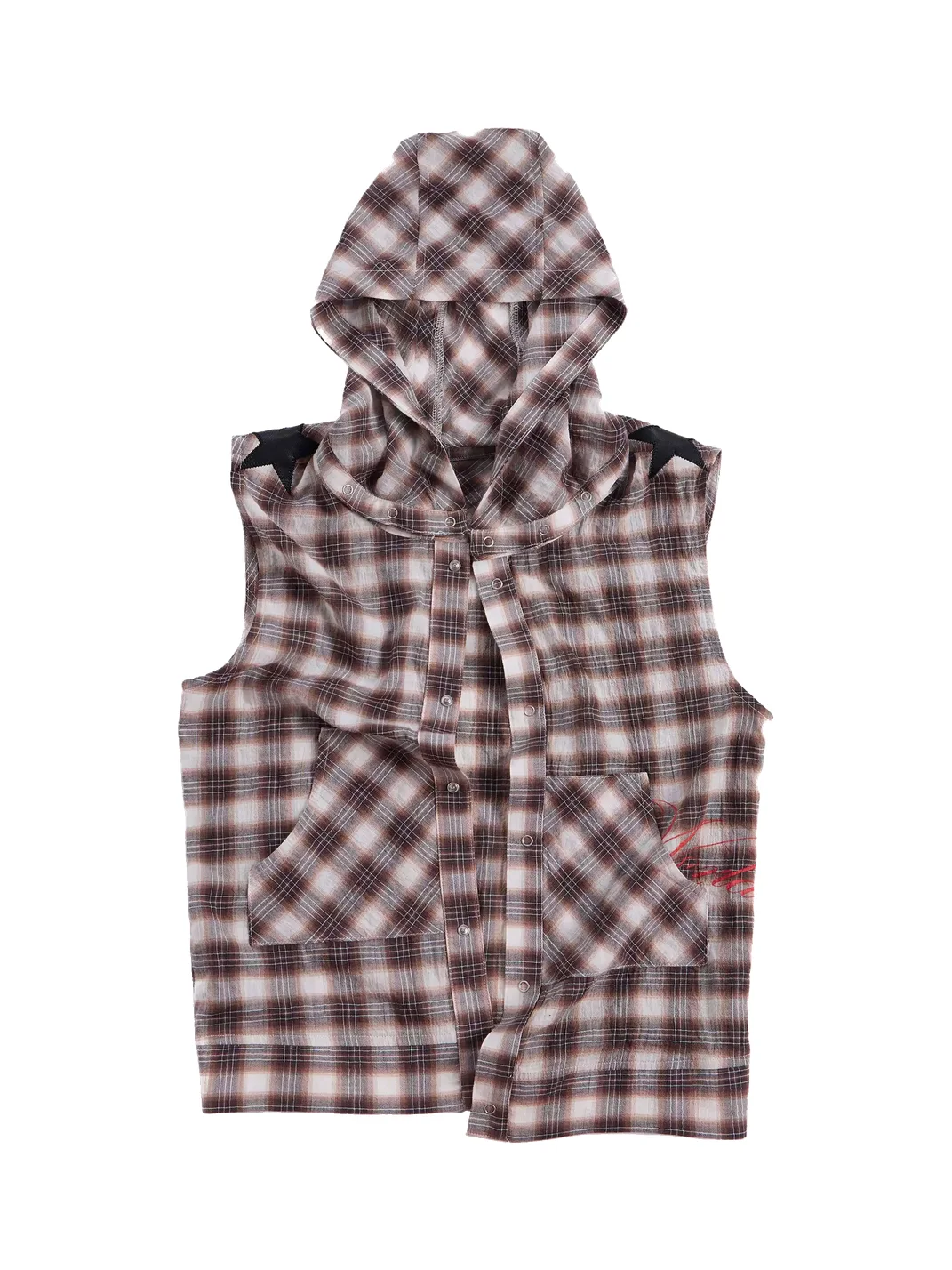 HAS2SONS | Detachable Star Patch Plaid Hooded Vest