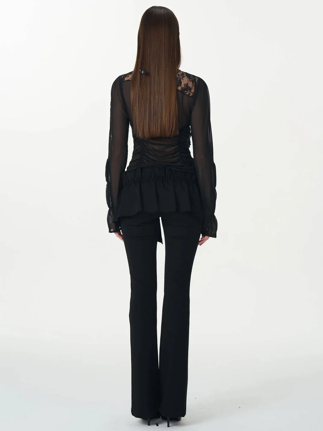 Popoop | Black Ruched Lace Mesh Long Sleeve Top