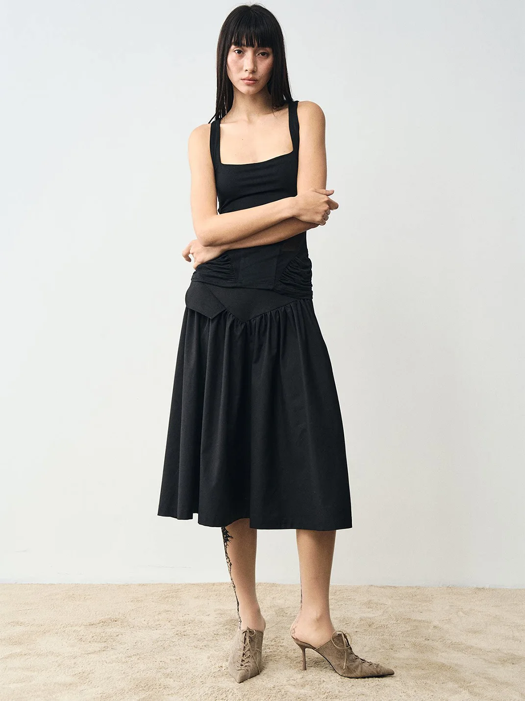 Popoop | Ruched Mesh Panel Backless Sleeveless Top