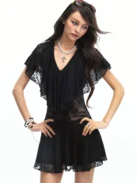 SereneEase | Sheer Lace Deep V-Neck Fitted Mini Dress