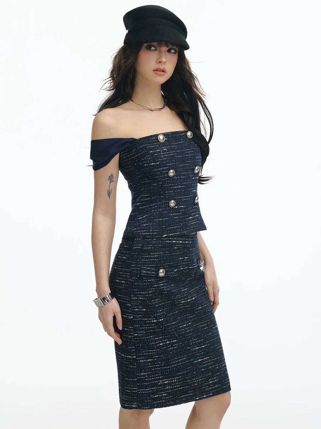 SereneEase | Off-Shoulder Double-Breasted Tweed Skirt Set