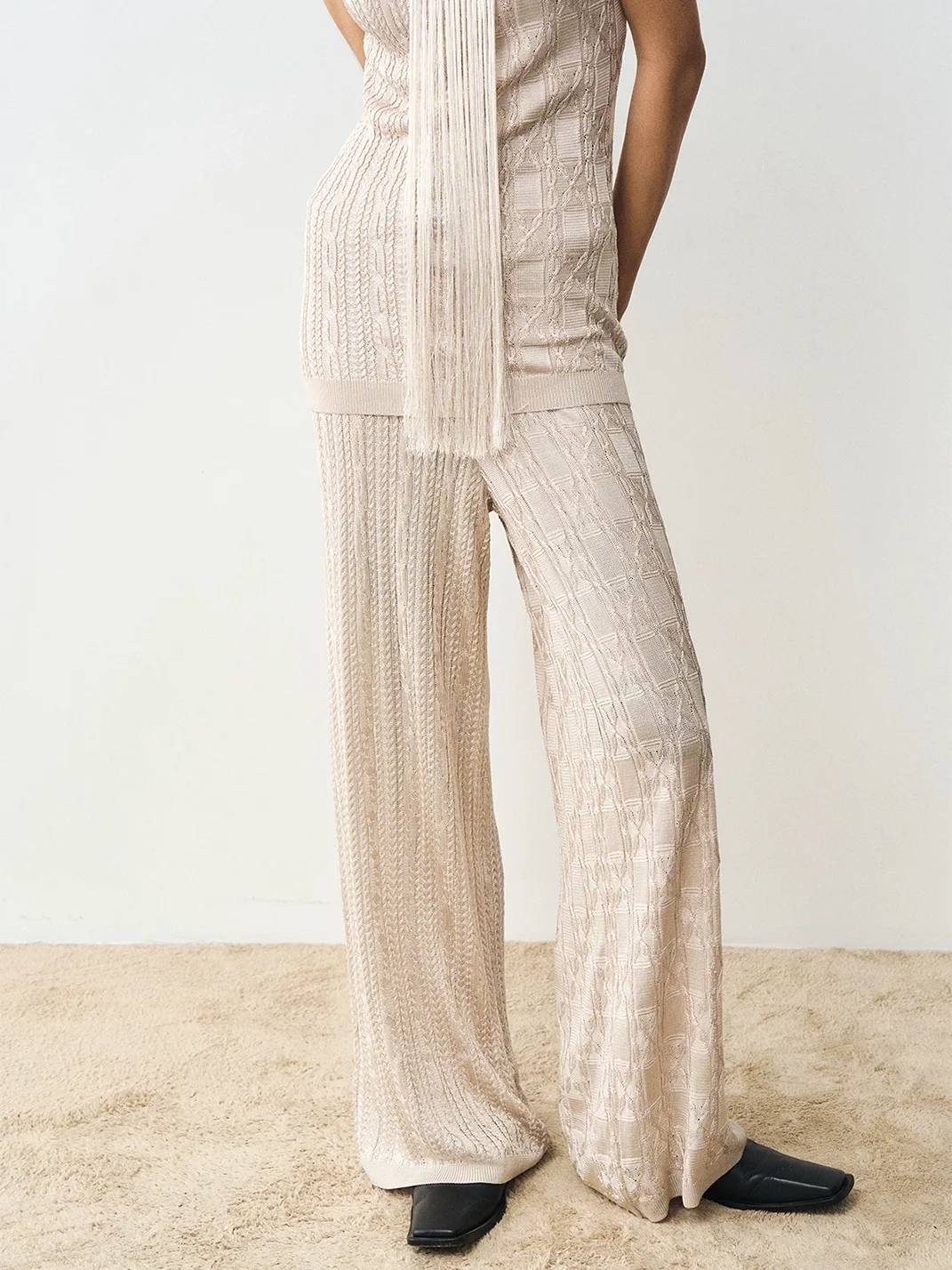 Popoop | Fringe Cable Knit Tank Wide-Leg Pants Set