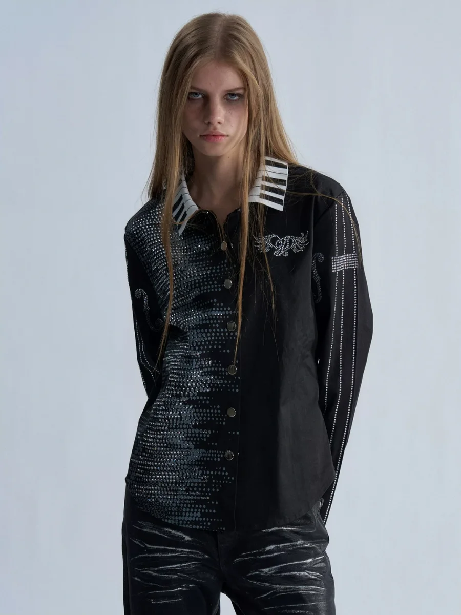 PAIKI | Slim Rhinestone Piano Key Long Sleeve Shirt - 2