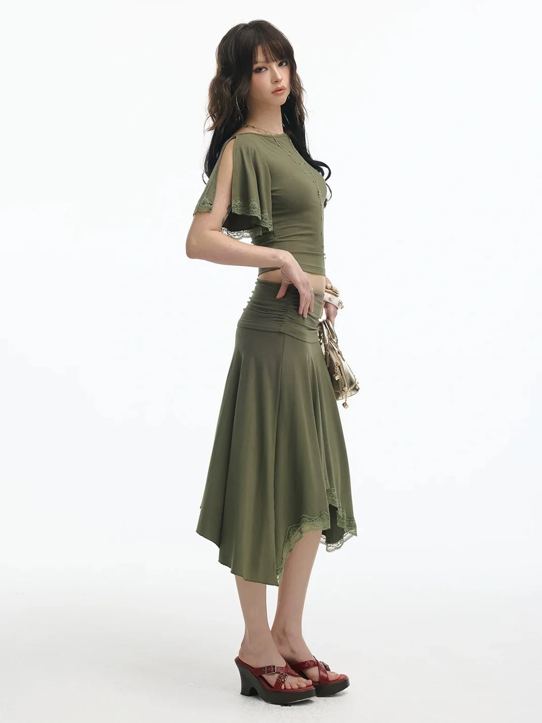 SereneEase | Slim Lace Trim Top Asymmetric Skirt Set