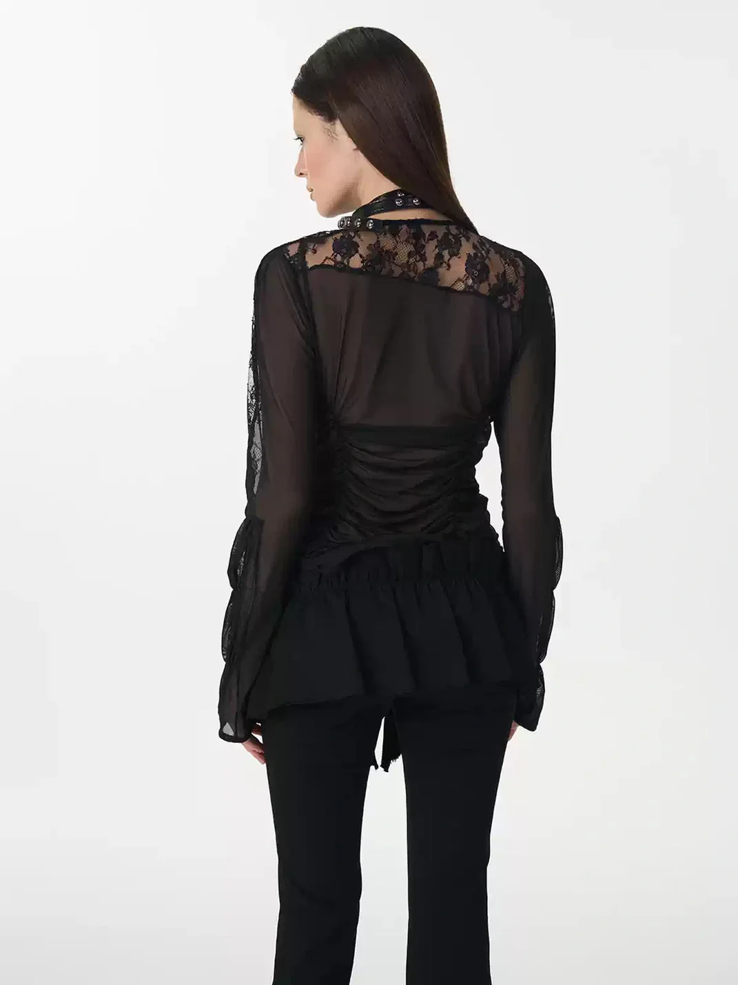 Popoop | Black Ruched Lace Mesh Long Sleeve Top