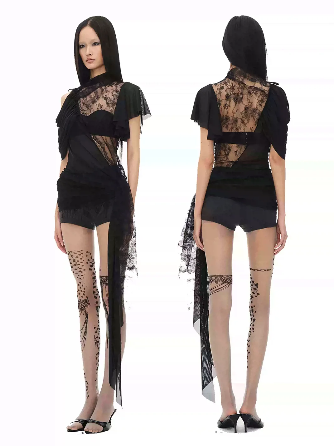 Popoop | Asymmetric Lace Mesh Ruched Dress