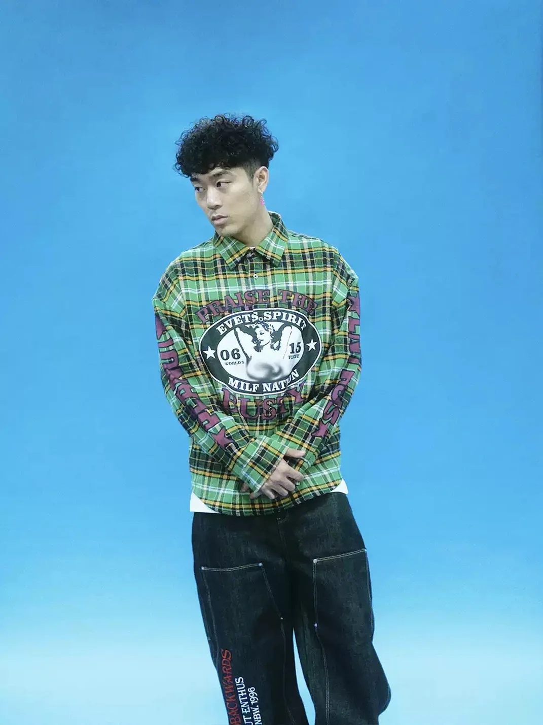 EVETS | Contrast Print Plaid Long Sleeve Shirt
