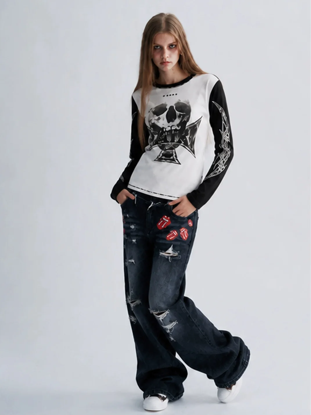 PAIKI | Skull Cross Colorblock Long Sleeve T-Shirt