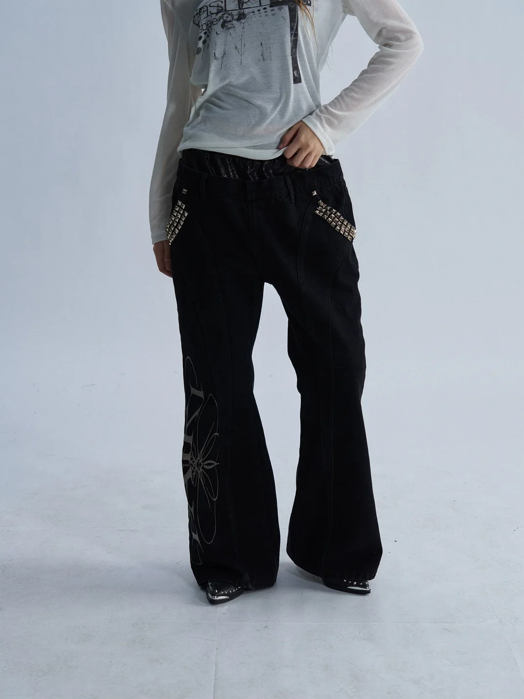 PAIKI | Totem Double-Waist Rivet Flared Jeans