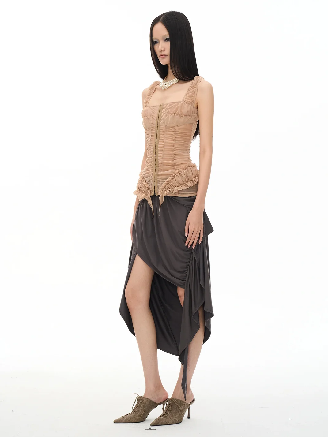 Popoop | Khaki Sheer Ruched One-Shoulder Tank Top