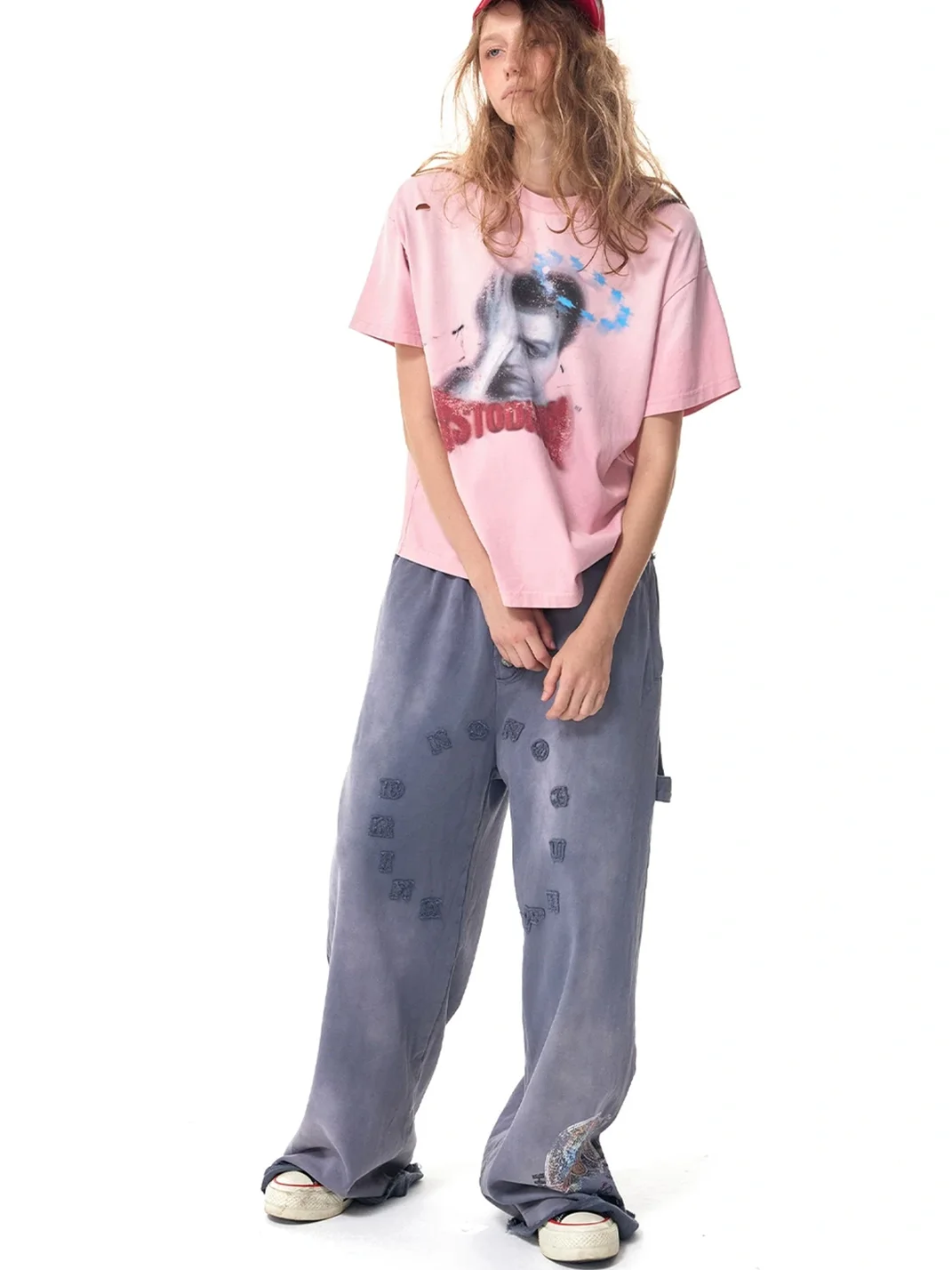 HAS2SONS | Washed Patch Embroidered Wide-Leg Sweatpants