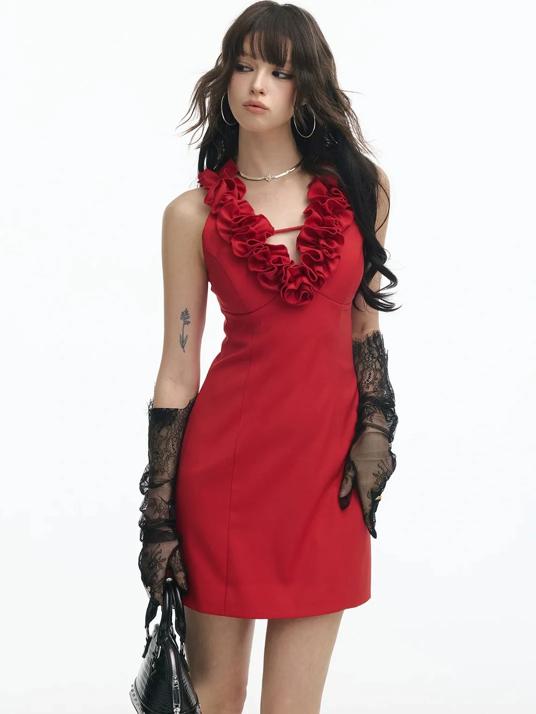 SereneEase | Rose Ruffle V-Neck Sleeveless Mini Dress