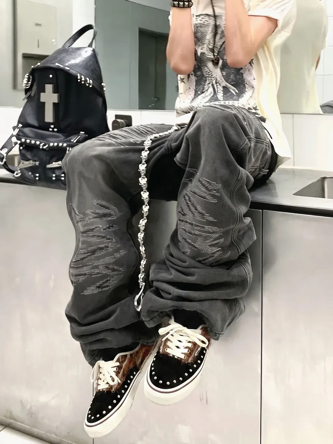 ZDZZFT | Studded Rhinestone Mohair Punk Distressed Low-Top Sneakers