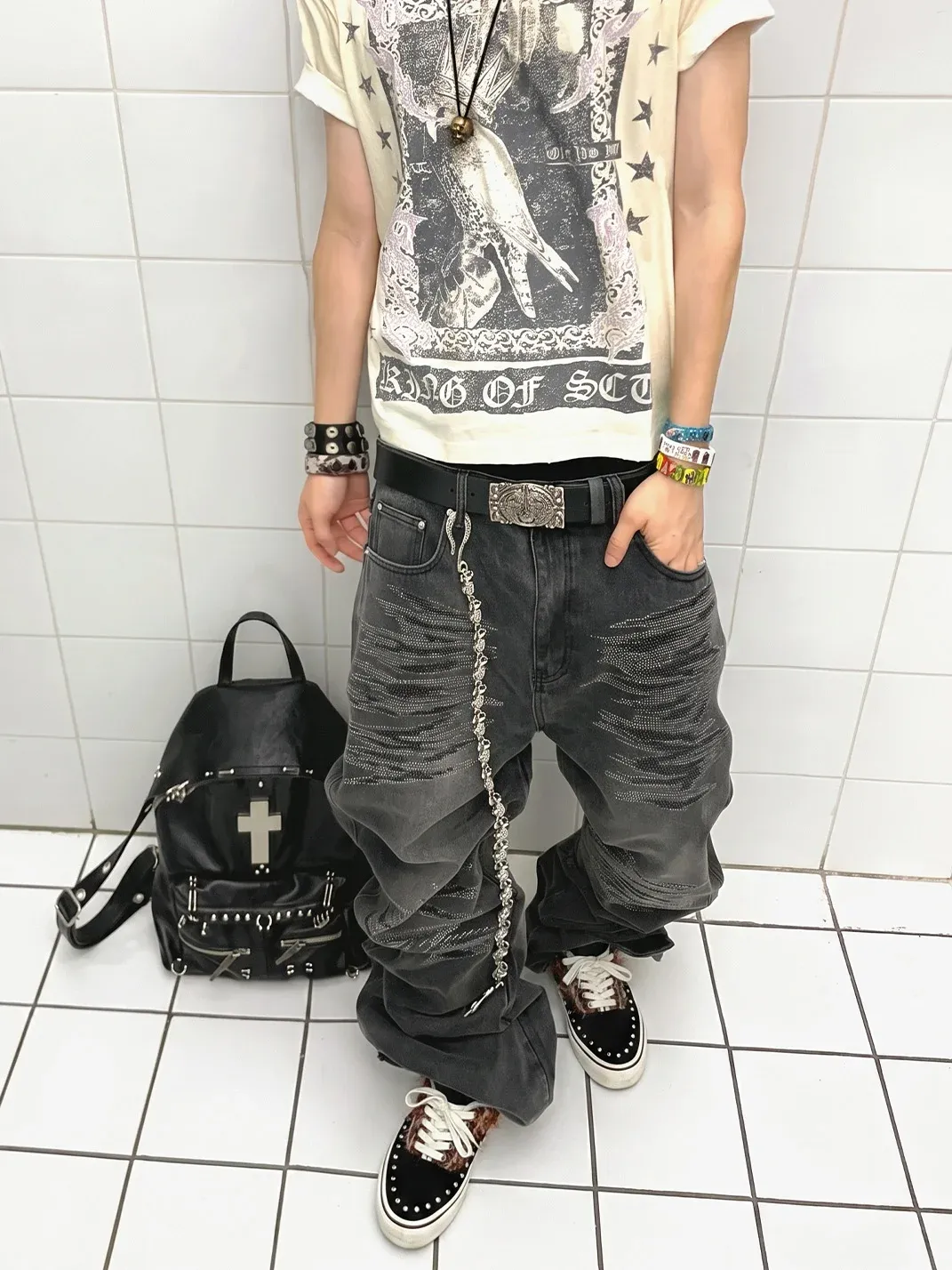 ZDZZFT | Studded Rhinestone Mohair Punk Distressed Low-Top Sneakers