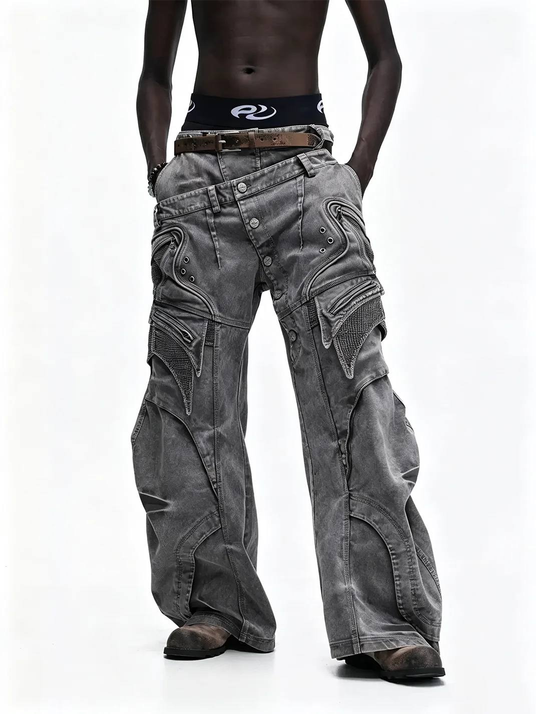 PERSONSOUL | Double-Waist Wide-Leg Cargo Pants