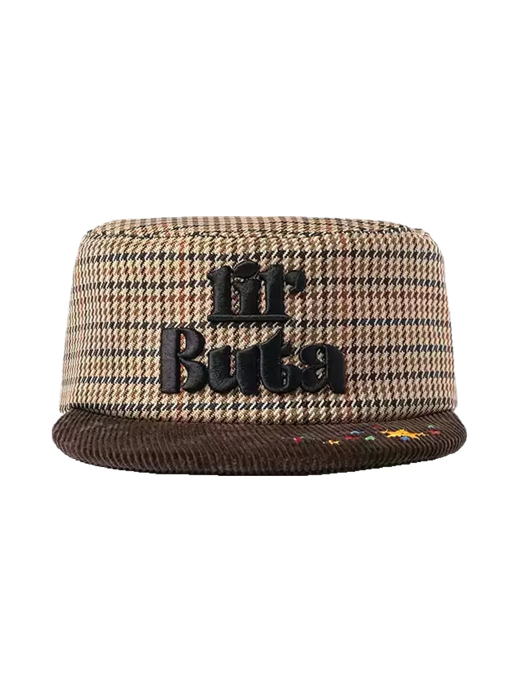 TWINBUTA | Houndstooth Corduroy Embroidered Flat Brim Hat