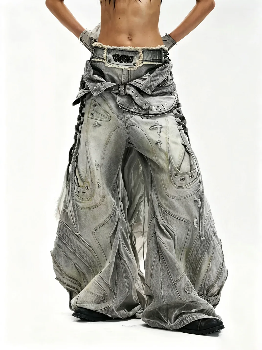 PERSONSOUL | Deconstructed Drawstring Flared Patchwork Jeans