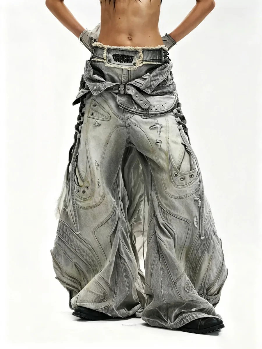 PERSONSOUL | Deconstructed Drawstring Flared Patchwork Jeans - 3