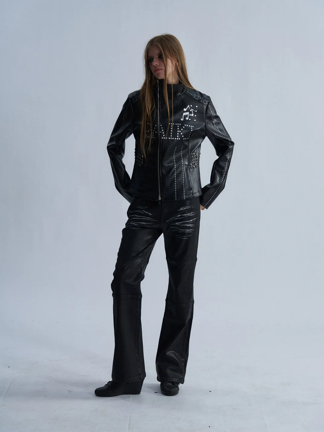 PAIKI | Studded Music Note Cropped PU Jacket