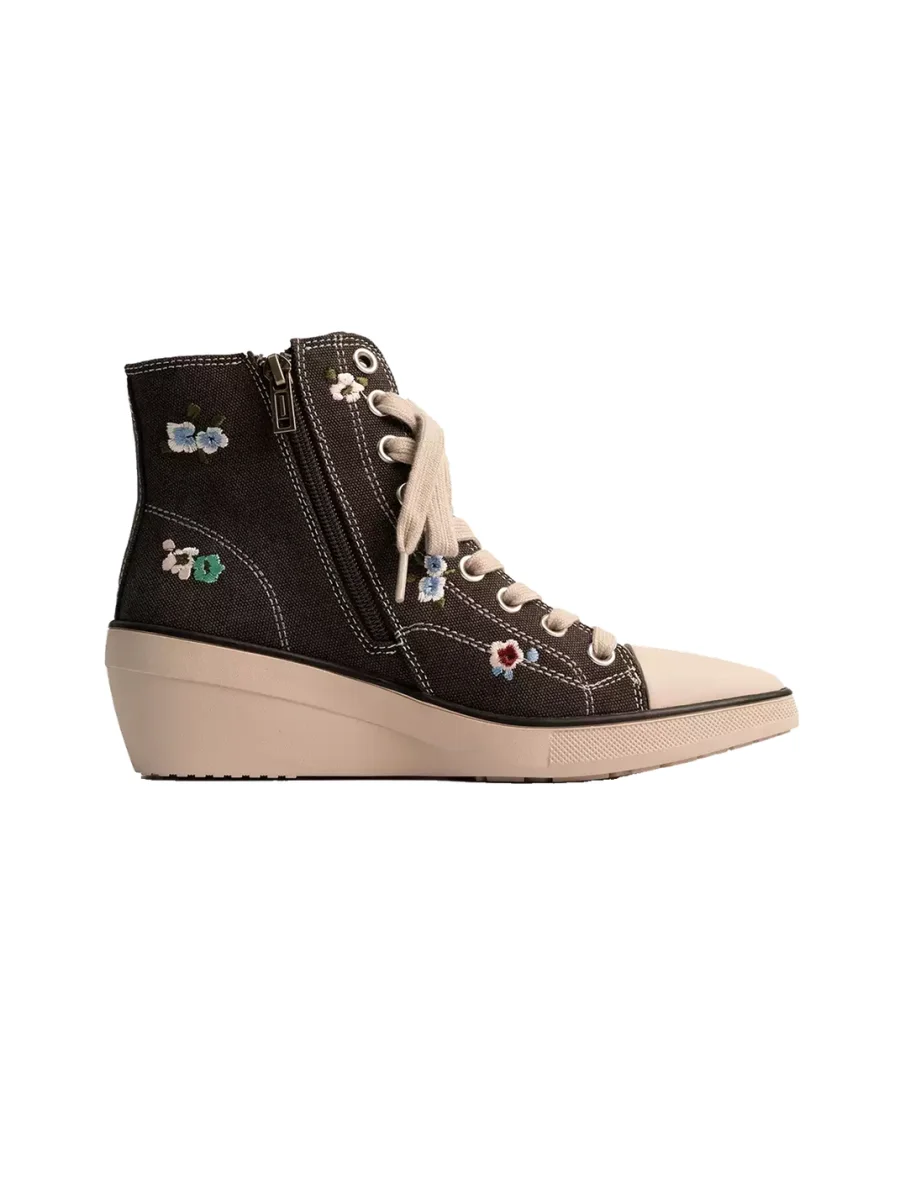 ZHUDAGE | Embroidered Pointed-Toe Wedge Canvas Ankle Boots - 4