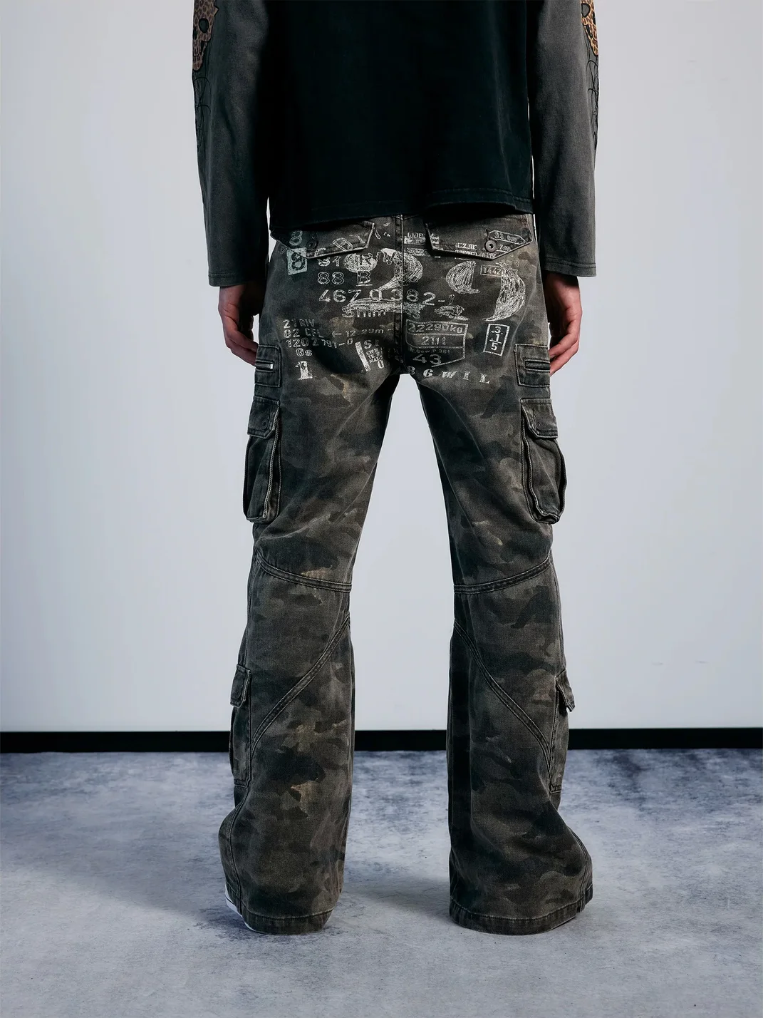 PAIKI | Washed Camouflage Multi-Panel Flared Cargo Pants