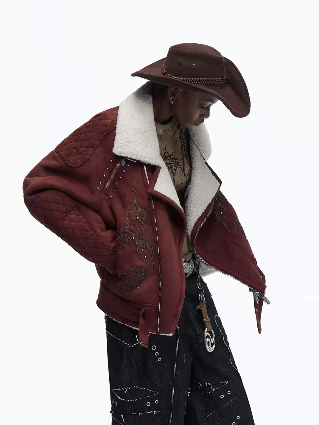 PERSONSOUL | Totem Pattern Faux Fur Lambskin Jacket