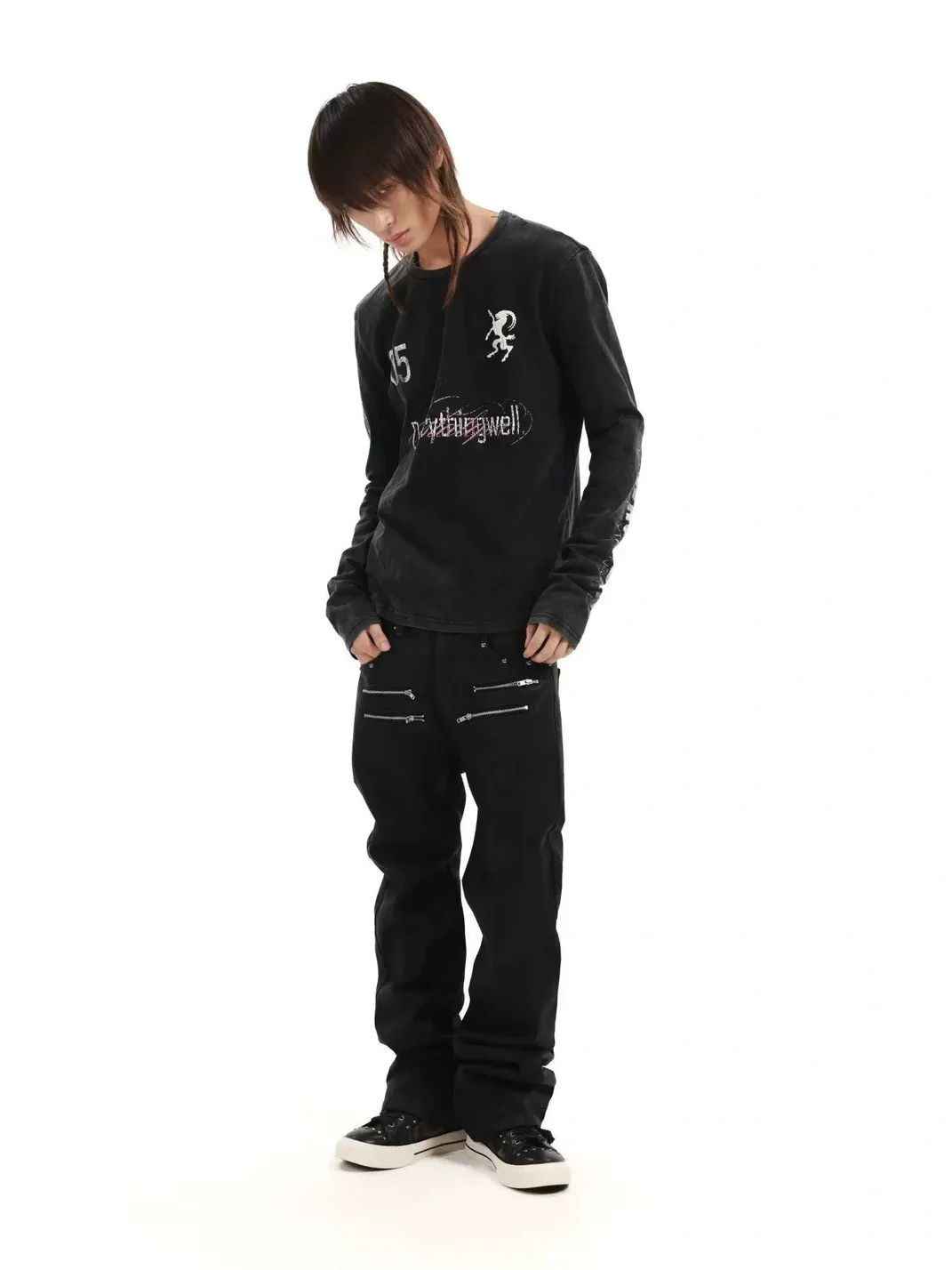 DETW | Washed Black Graphic Slim Fit Long Sleeve T-Shirt