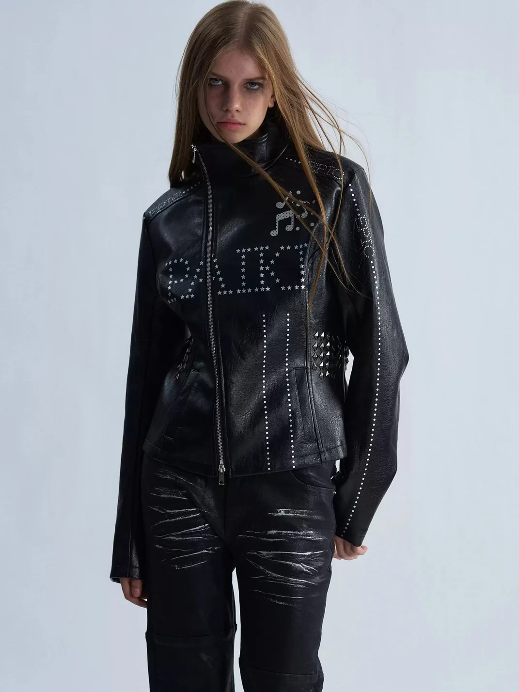 PAIKI | Studded Music Note Cropped PU Jacket