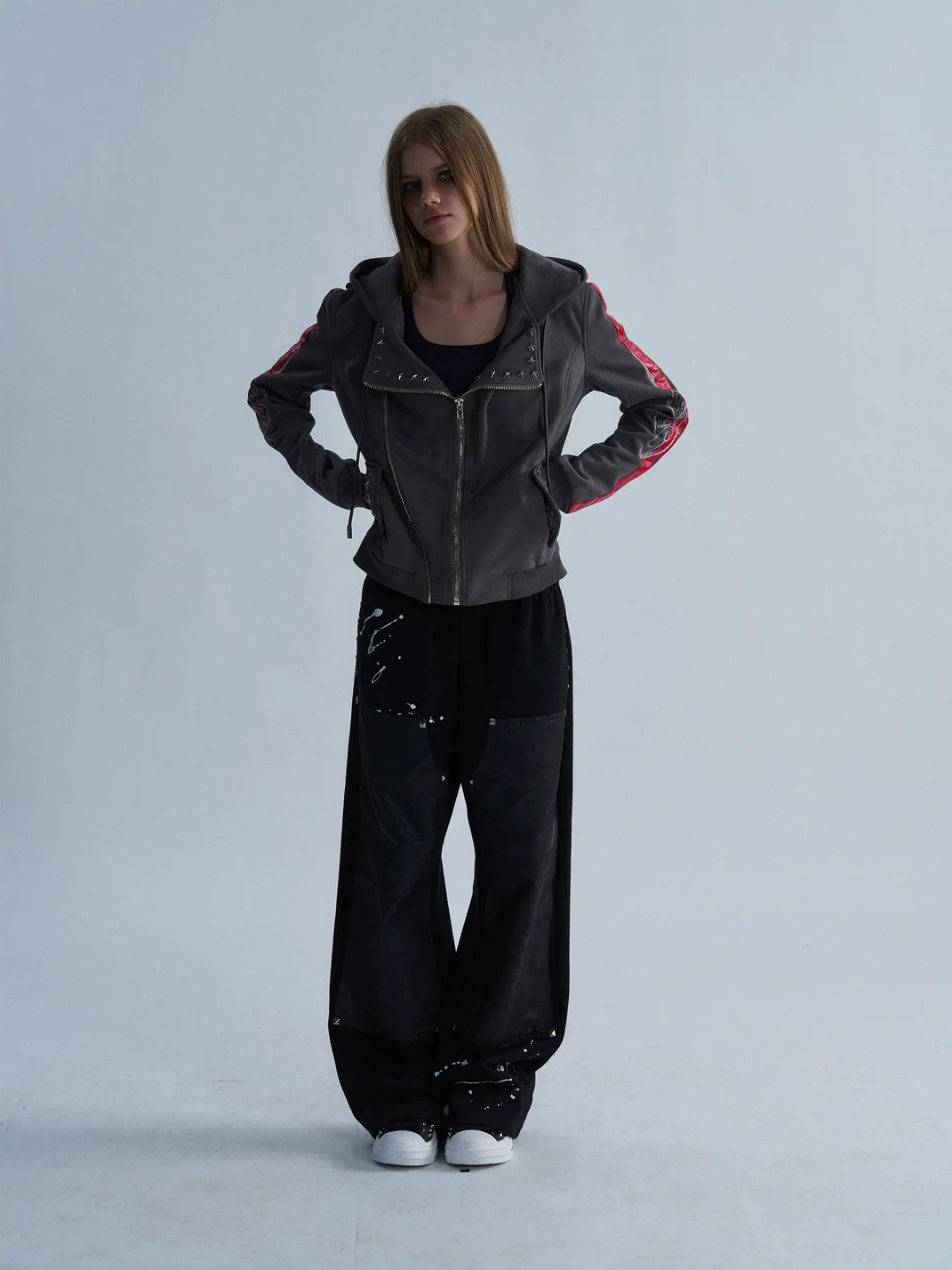 PAIKI | Studded Hooded Slim Fit Biker Jacket