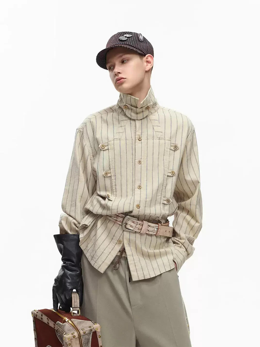 EMOBROTHER | Deconstructed Napoleon Stand Collar Striped Shirt